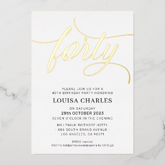 エレガントSCRIPT 40th誕生日パーティースタイリッシュ金ゴールド 箔招待状 (正面)