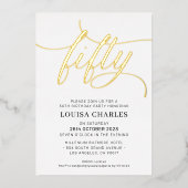 エレガントSCRIPT 50th birthday partyのスタイリッシュ金ゴールド 箔招待状 (正面)