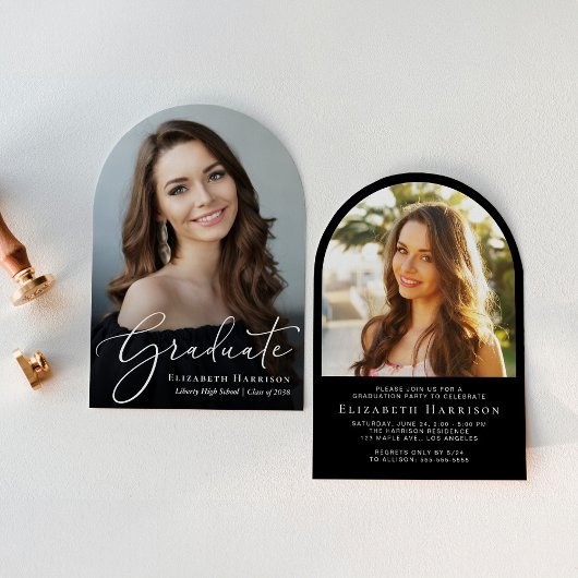 エレガントScript Arch Photo Black卒業パーティー 招待状