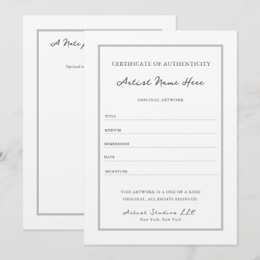 エレガントScript Class Certificate of Authenticity 招待状 (正面/裏面)