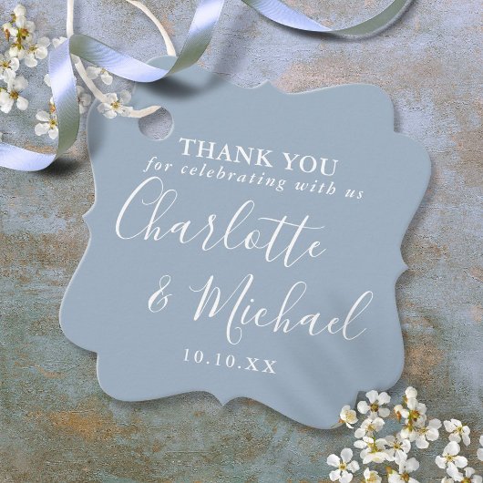 エレガントScript Dusty Blueの結婚感謝 フェイバータグ