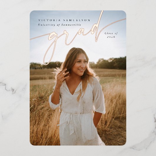 エレガントScript Foil卒業写真の発表 箔招待状 (正面)