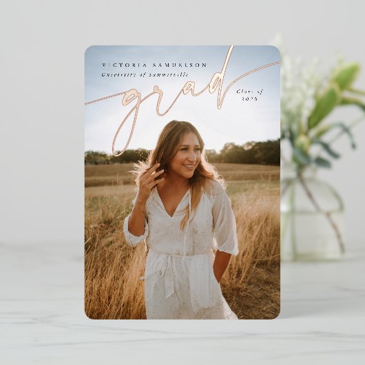 エレガントScript Foil卒業写真の発表 箔招待状 (立ち正面)