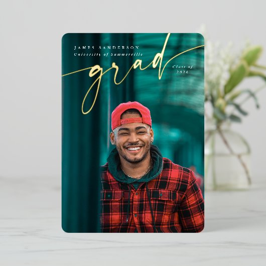 エレガントScript Foil卒業写真の発表 箔招待状 (立ち正面)