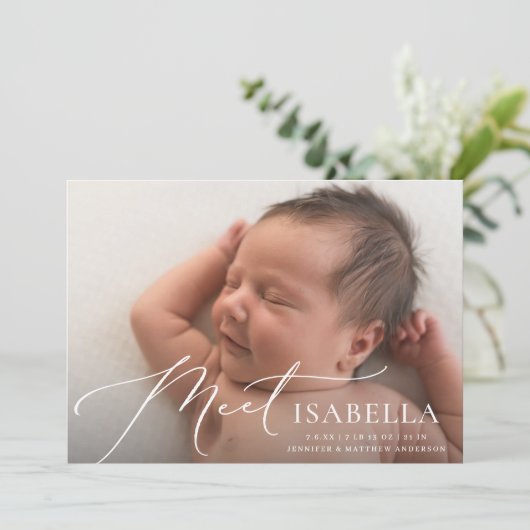 エレガントScript Meetモダン 2枚のフォト誕生 案内状 (スタンド正面)