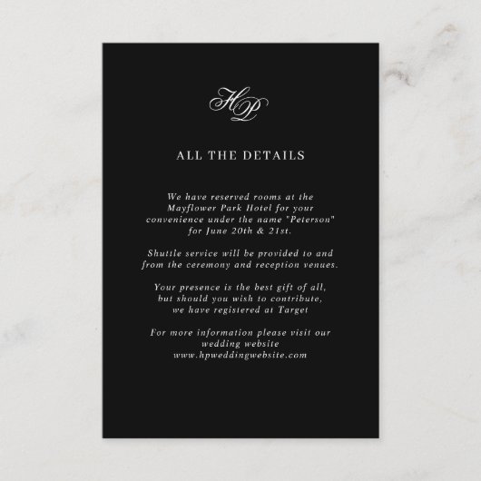 エレガントScript Monogram Blackの結婚詳細 エンクロージャーカード (正面)