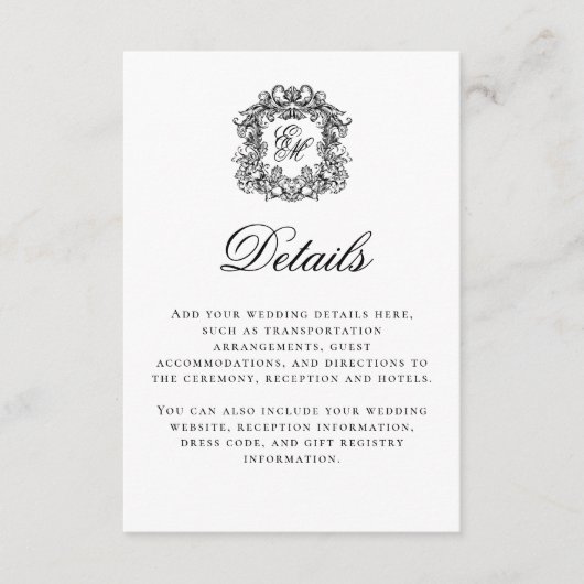 エレガントScript Monogram Crestの結婚詳細 エンクロージャーカード (正面)