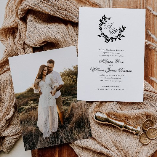 エレガントScript Monogram Photo Botanical 結婚's 招待状