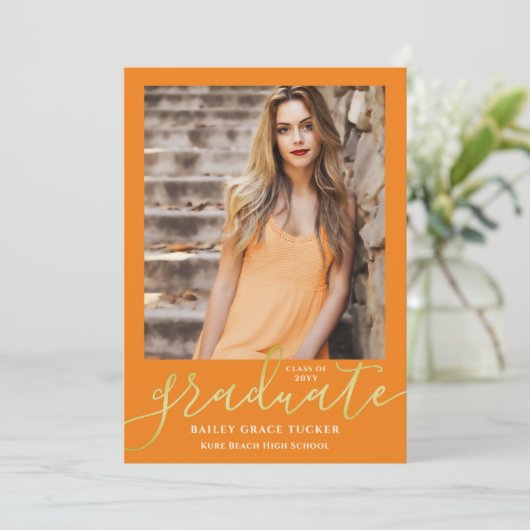 エレガントScript Orange金ゴールド2-Photo卒業 案内状 (スタンド正面)