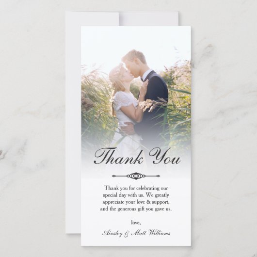 エレガントScript Overlayの結婚写真ありがとう サンキューカード (正面)