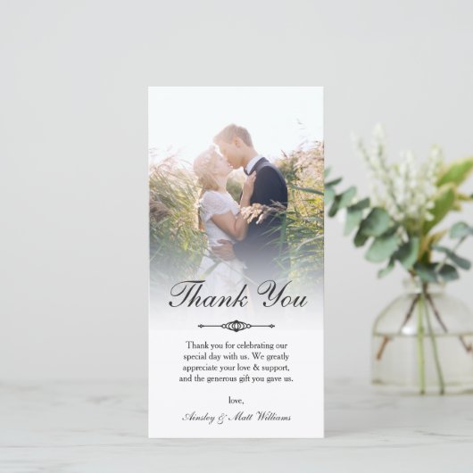 エレガントScript Overlayの結婚写真ありがとう サンキューカード (スタンド正面)