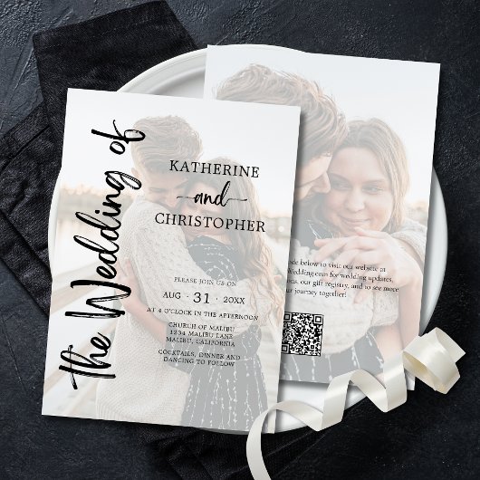 エレガントScript Photo白黒フォーマル結婚の 招待状