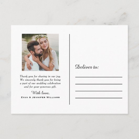 エレガントScript Photo結婚 Monogram Thank You ポストカード (裏面)