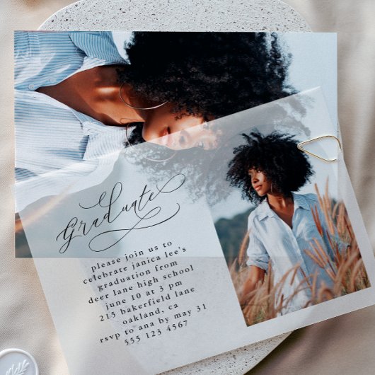 エレガントScript Photo Arch卒業パーティー ベラム紙招待状