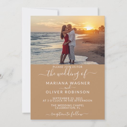 エレガントScript Photo Boho Tan Beige結婚の 招待状 (正面)