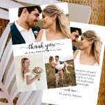 エレガントScript Photo Collage's 結婚 Thank You サンキューカード<br><div class="desc">ミニマエレガントリスト、手モダンで書「ありがとう」スクリプトフォトコラージュのカード。3スタイリッシュ枚の写真を前面に、1結婚枚の写真を背面に配置したサンキューカードテンプレート。手書きレタリングタイポグラフィや書道の台本に渦巻形のは「ありがとう」文字を白い背景に黒い尻尾フォントを描く。名前を追加する簡単感謝していとメッセージノートもしを手書きしたい場合は、サンプル文字を削除して宇宙を増やす。おもしし救済まは合わせ品連絡が欲しい！</div>