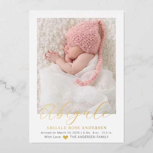 エレガントScript Photo Girlベビー誕生発表 箔招待状 (正面)