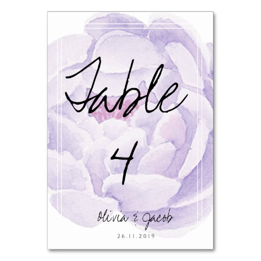 エレガントScript Purple Flowerのテー結婚ブルカード テーブルナンバー (正面)