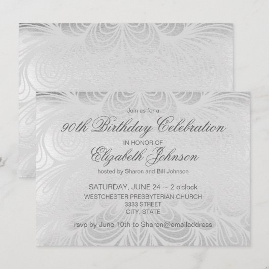 エレガントScript Silver 90th誕生日招待状 招待状 (正面/裏面)