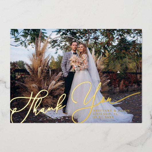 エレガントScript Thank You Photo結婚's Card 箔招待状 (正面)