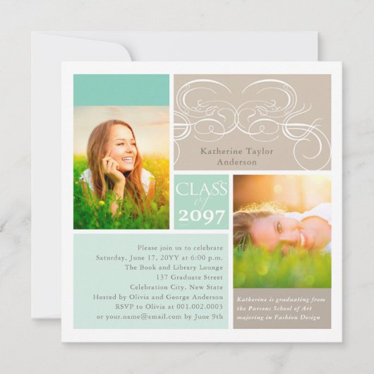 エレガントScroll Mint Two Photo Gradation Party 招待状 (正面)