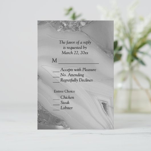 エレガントSilver Marble Agate RSVP、メニュー選択付き 出欠カード (スタンド正面)
