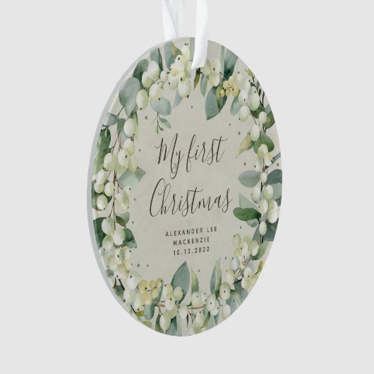 エレガントSnowberryベビーの初めてのクリスマス写真 オーナメント (正面)