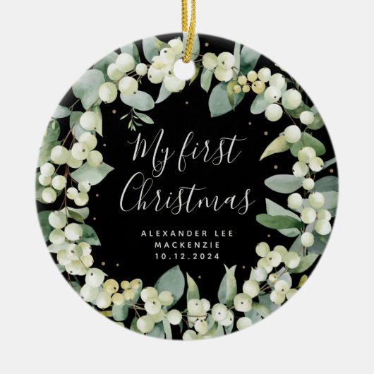 エレガントSnowberryベビーの初めてのクリスマス写真 セラミックオーナメント (正面)