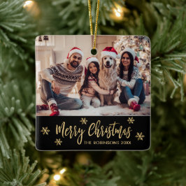 エレガントSnowflake Blackと金ゴールドフォトクリスマス セラミックオーナメント