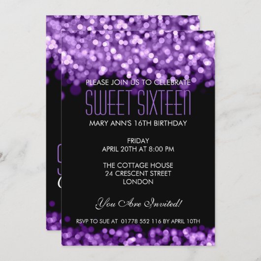 エレガントSweet sixteenきらめくライト紫 招待状 (正面/裏面)