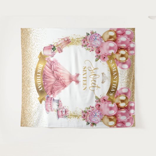 エレガントSweet sixteen背景ピンクの金ゴールドバルーン タペストリー (正面(横))