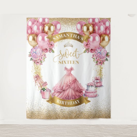 エレガントSweet sixteen背景ピンクの金ゴールドバルーン タペストリー (正面)