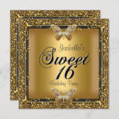 エレガントSweet sixteen16ヒョウ金ゴールド蝶 招待状 (正面/裏面)