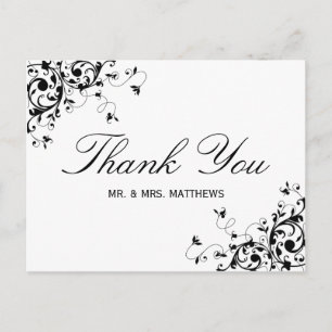 エレガントSwirls Black & White's 結婚 Thank You ポストカード