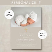 エレガントTaupe宗教十字写真バプテスマ 招待状