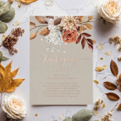 エレガントTaupe秋フローラ感謝祭ディナー金ゴールド 箔招待状