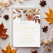 エレガントTaupe秋フローラ感謝祭ディナー金ゴールド 箔招待状