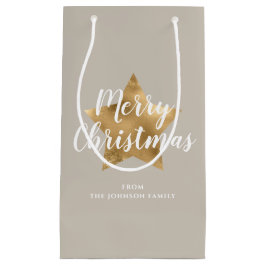 エレガントTaupe金ゴールドスターメリークリスマス スモールペーパーバッグ