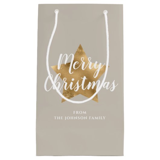 エレガントTaupe金ゴールドスターメリークリスマス スモールペーパーバッグ (正面)