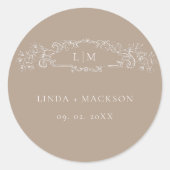 エレガントTaupe botanical crest monogram結婚's ラウンドシール (正面)