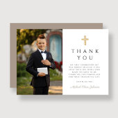 エレガントTaupe Cross Boy First Communion写真 サンキューカード