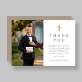 エレガントTaupe Cross Boy First Communion写真 サンキューカード