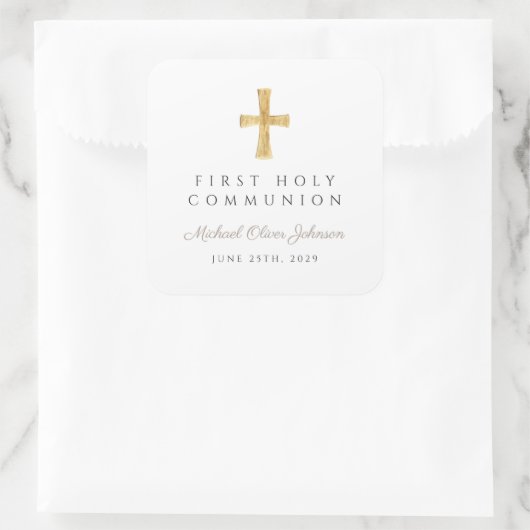 エレガントTaupe Cross Boy First Communion スクエアシール (バッグ)