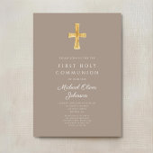 エレガントTaupe Cross Boy First Communion 招待状