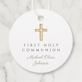 エレガントTaupe Cross Boy First Communion Round フェイバータグ