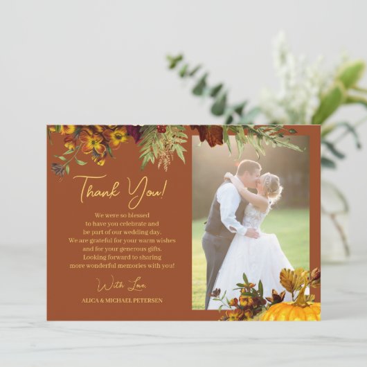 エレガントterracottaフローラスクリプ結婚ト写真 サンキューカード (スタンド正面)