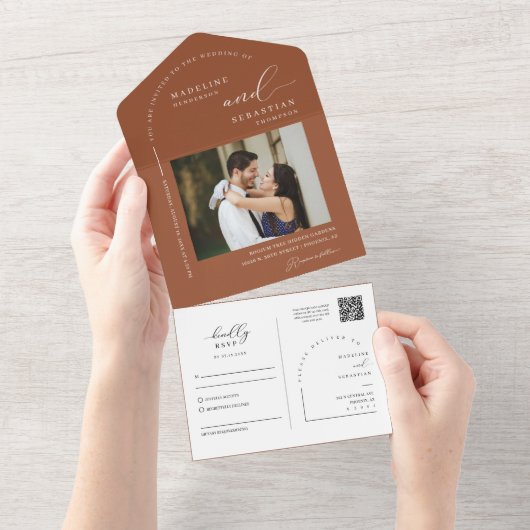 エレガントTerracottaミニマル Arch QRコード写真 オールインワン招待状 (貼ってはがせる)