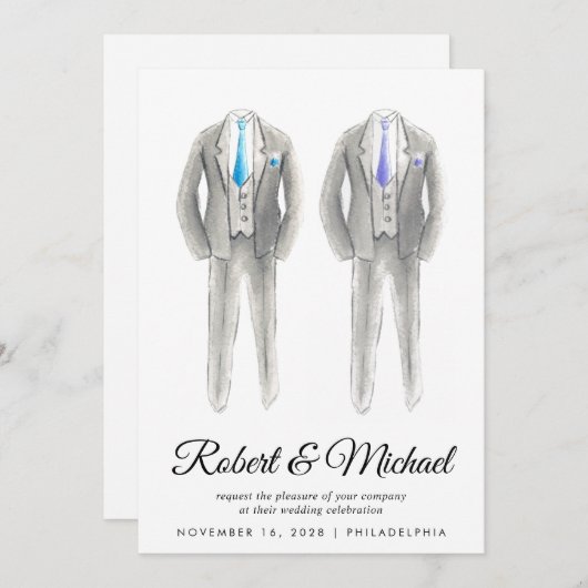 エレガントTuxedo水彩画ゲイ結婚ズ 招待状 (正面/裏面)