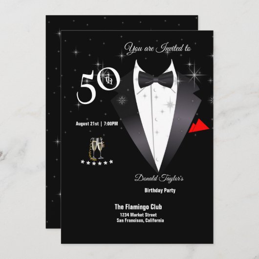 エレガントTuxedo 50th Birthday Partyへの招待 招待状 (正面/裏面)