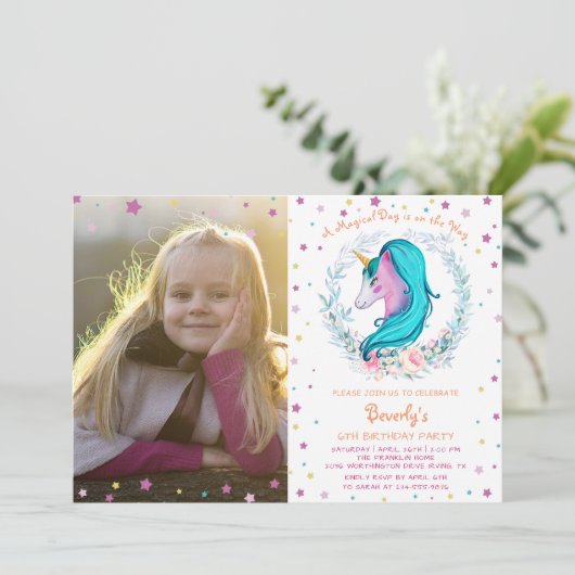 エレガントUnicorn水色フローラ写真誕生日 招待状 (スタンド正面)